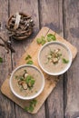 Homemade mushroom cream soup with sliced dry mushrooms. Top view