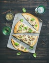 Homemade mushroom pizza with basil and rose wine