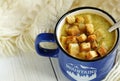 Homemade mushroom soup with cream, basil and crackers in enamel mug Royalty Free Stock Photo