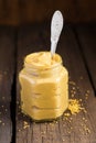 Homemade mustard sauce in a jar with a spoon Royalty Free Stock Photo