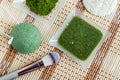 Homemade natural beauty mask scrub with matcha powder. Diy green tea cosmetics recipe. Top view, copy space Royalty Free Stock Photo