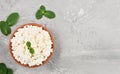 Homemade natural cottage cheese in a clay bowl on a gray neutral background, top view with copy space. Soft curd natural healthy