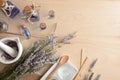 Homemade natural lavender essence with jars spikes and tools top Royalty Free Stock Photo