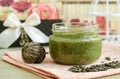 Homemade natural mask scrub with sea salt, olive oil and green tea. Diy cosmetics recipe. Copy space Royalty Free Stock Photo