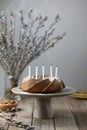 Homemade nuts bundt cake with powder sugar, candles and bouquet of fresh willows on wooden table. Rustic style