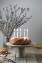 Homemade nuts bundt cake with powder sugar, candles and bouquet of fresh willows on wooden table. Rustic style