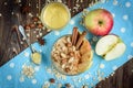 Homemade oatmeal with apple, cinnamon, hazelnuts, honey and peanuts on dark wooden background Royalty Free Stock Photo