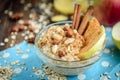 Homemade oatmeal with apple, cinnamon, hazelnuts, honey and peanuts on dark wooden background Royalty Free Stock Photo