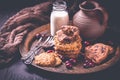 Homemade oatmeal cookies, cranberry cookies and bottle of milk