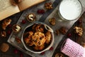 Homemade oatmeal cookies and glass of milk for cozy breakfast Royalty Free Stock Photo