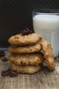 Homemade oatmeal cookies on wooden board. Sweet dessert snack with dry fruits. Healthy Food. Copy space. Banner. Royalty Free Stock Photo