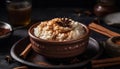 Homemade oatmeal dessert with fresh fruit and star anise seasoning generated by AI Royalty Free Stock Photo