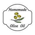 Homemade olive oil label. Outline doodle style design. Hand drawn vector transparent illustrations. Colorful olives.