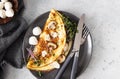 Homemade omelette with mushroom, mozzarella and microgreens on plate over light concrete background. Healthy food concept Royalty Free Stock Photo