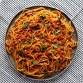 Homemade One-Pot Taco Spaghetti on a Plate, top view