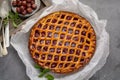 Homemade open sour cherry pie, delicious sweet dessert