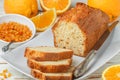 Homemade orange fruit loaf cake with citrus candied fruits and n Royalty Free Stock Photo