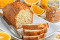 Homemade orange fruit loaf cake with citrus candied fruits and nuts Royalty Free Stock Photo