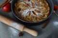 Homemade Organic Apple Pie Dessert Ready to Eat a linen napkin, wooden rolling pin, anise