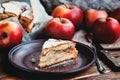 Homemade Organic Apple Pie Dessert Ready to Eat. Slice of delicious fresh baked mouth watering rustic apple pie. Royalty Free Stock Photo