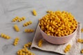 Homemade Organic Dried Riccioli Pasta in a Pink Bowl, low angle view