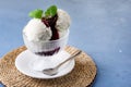 Homemade Organic Vanilla Ice Cream with Jam and Mint Blue Background Tasty Ice Cream Horizontal Copy Space Royalty Free Stock Photo