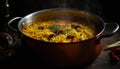 Homemade paella with fresh seafood, saffron, and yellow rice generated by AI