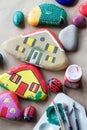 homemade painted stones as homes and animals Royalty Free Stock Photo