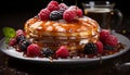 Homemade pancake stack with fresh berries, chocolate, and syrup generated by AI Royalty Free Stock Photo