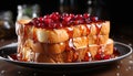 Homemade pancake stack with fresh berries, chocolate, and syrup generated by AI Royalty Free Stock Photo