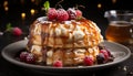 Homemade pancake stack with fresh berries and chocolate syrup generated by AI Royalty Free Stock Photo