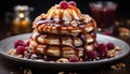 Homemade pancake stack with raspberry syrup, whipped cream, and berries generated by AI Royalty Free Stock Photo