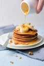 Homemade Pancakes with Banana, Nuts and Honey, Gluten Free Pancakes, Healthy Breakfast Royalty Free Stock Photo