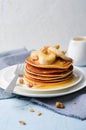 Homemade Pancakes with Banana, Nuts and Honey, Gluten Free Pancakes, Healthy Breakfast Royalty Free Stock Photo