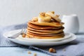 Homemade Pancakes with Banana, Nuts and Honey, Gluten Free Pancakes, Healthy Breakfast Royalty Free Stock Photo