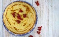 Homemade pancakes with fresh berries on light blue rustic wooden background. Healthy breakfast concept. Whole weat pancakes with Royalty Free Stock Photo