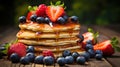 Homemade pancakes with fresh berries and maple syrup, ideal breakfast setting with copy space Royalty Free Stock Photo