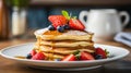 Homemade pancakes with fresh berries and maple syrup on plate, breakfast concept with copy space Royalty Free Stock Photo