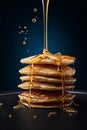 Homemade pancakes with honey on the table. On a black background. Side view. Vertical shot Royalty Free Stock Photo