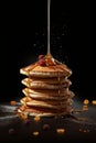 Homemade pancakes with honey on the table. On a black background. Side view. Vertical shot Royalty Free Stock Photo