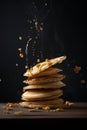 Homemade pancakes with honey on the table. On a black background. Side view. Vertical shot Royalty Free Stock Photo