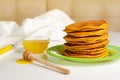 Pancakes made with whole grain flour and honey. Healthy breakfast