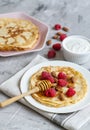 Homemade Pancakes with Raspberry, Almond Nuts and Honey Easy Food Royalty Free Stock Photo