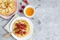 Homemade Pancakes with Raspberry, Almond Nuts and Honey Easy Food Royalty Free Stock Photo