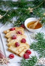 Homemade Pancakes with Raspberry and Honey, Christmas and New Year Decorr Royalty Free Stock Photo