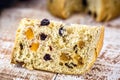 Homemade panettone slice, with candied fruit, typical Christmas bread made in Brazil and Italy, traditional Christmas dessert