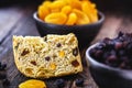 Homemade panettone slice, with candied fruit, typical Christmas bread made in Brazil and Italy, traditional Christmas dessert