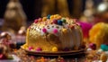 A homemade panettone, a traditional festival dessert, on a plate generated by AI