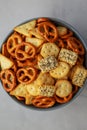 Homemade Party Snack Mix with Crackers and Pretzels in a Bowl, top view. Flat lay, overhead, from above. Close-up Royalty Free Stock Photo