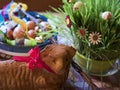 Homemade Paschal lamb cake and Colorful Painted easter eggs and Pomlazka - traditional braided whip from pussy willow